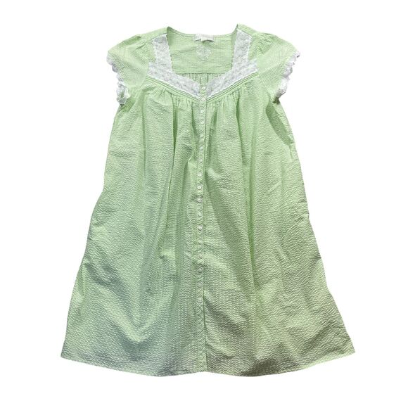 Eileen West Medium Full Button Green Strip  Lace Cap Sleeve Nightgown - Picture 1 of 6